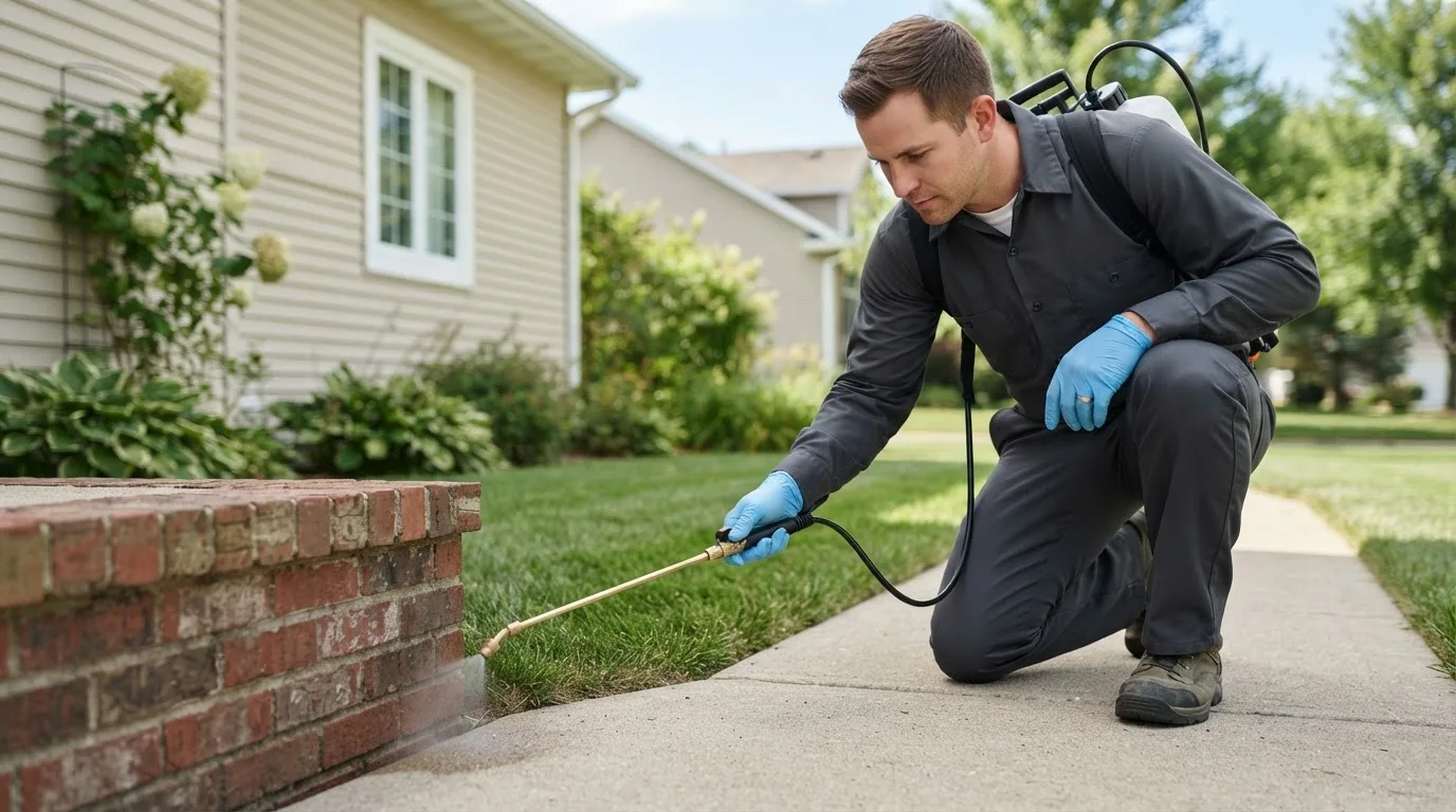 Pest control technician treating a home near Bernie, MO