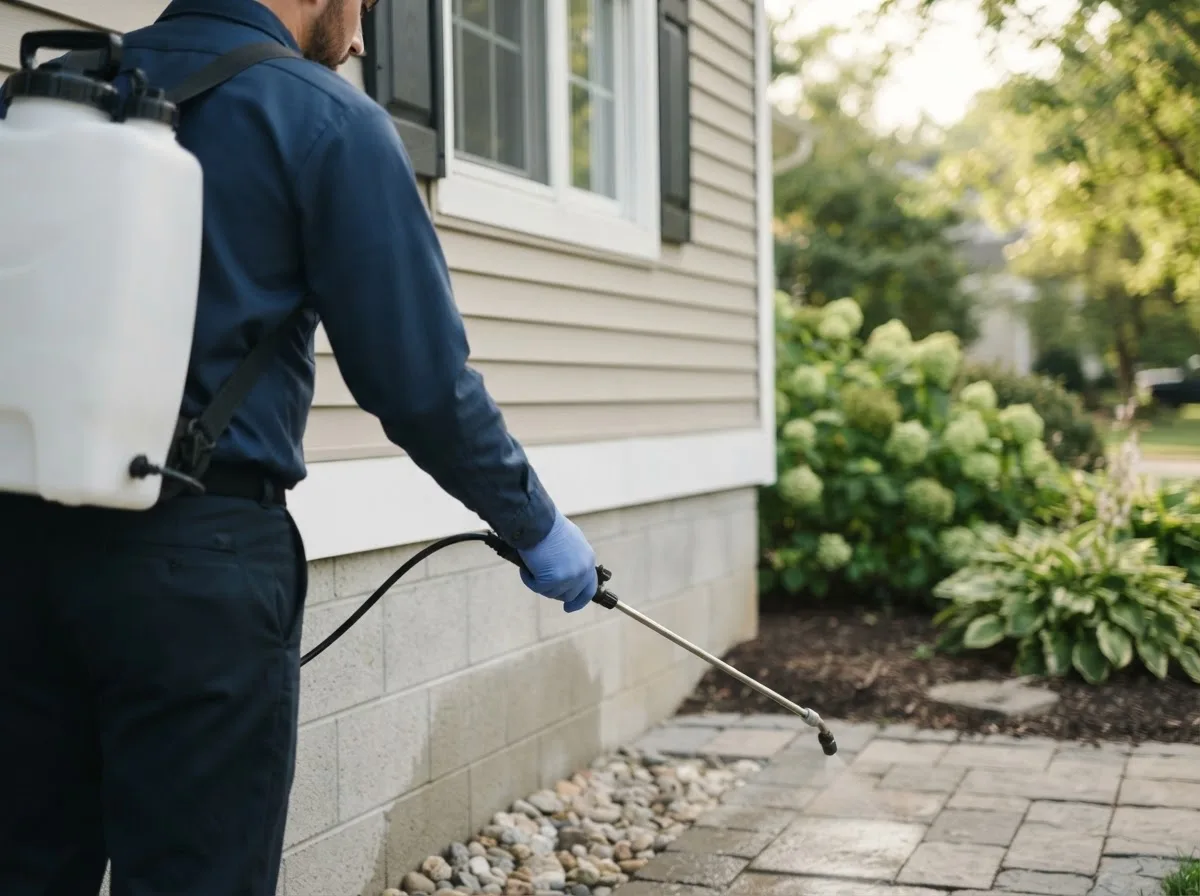 Pest control technician inspecting a home in Bernie, MO